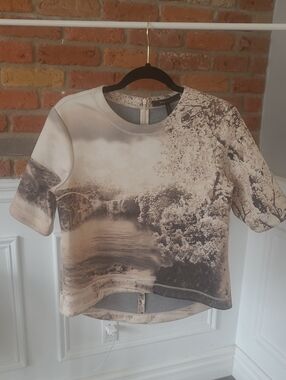 BCBGMaxAzria Beige and Taupe Photo-Print Short Sleeve Top